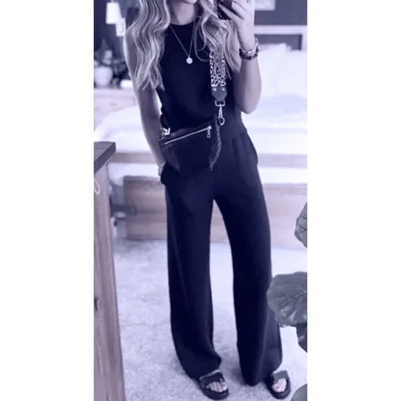 Spanx AirEssentials Sleeveless Jumpsuit Classic Navy Romper Open Back Wide Leg L - Picture 8 of 14